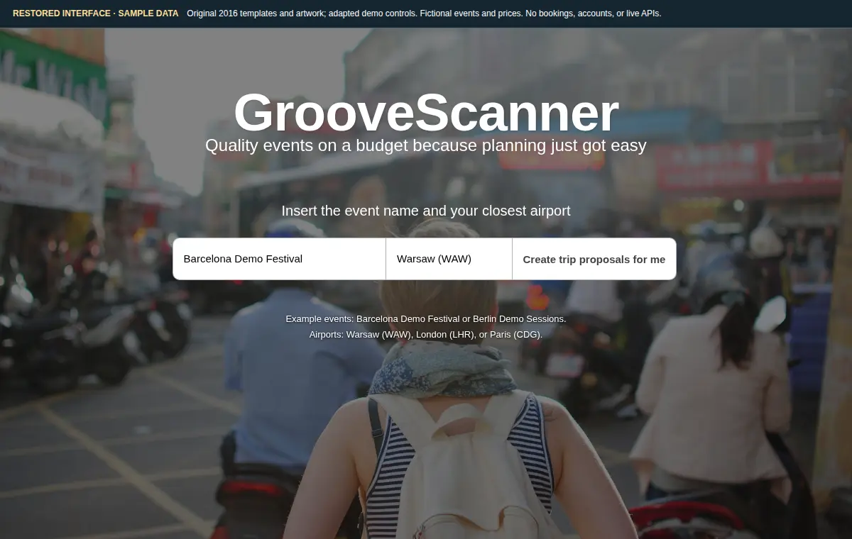 The restored GrooveScanner search interface with an event and departure-airport selector