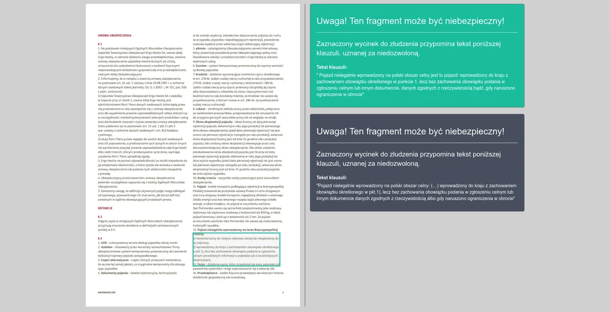 Kruczek-Finder review screen with a document and highlighted clause warnings